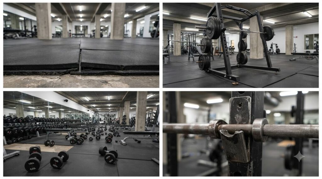 9 sai lầm khi sử dụng hệ thống sàn và giá để phòng gym cần tránh 1 Cận cảnh thanh chặn an toàn của giá squat và các vị trí liên kết cần kiểm tra trong quá trình bảo dưỡng thiết bị gym