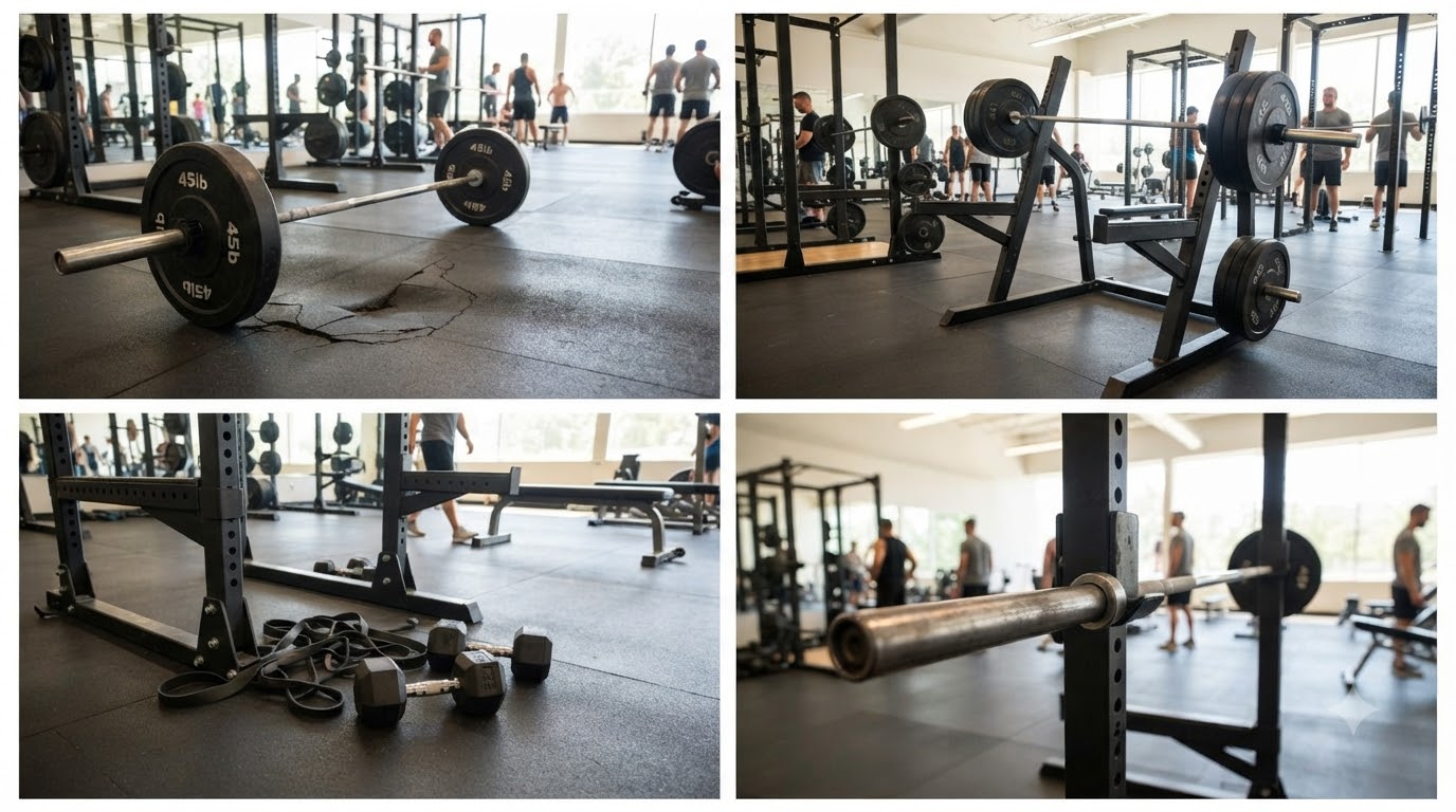 Sai lầm khi sắp xếp bánh tạ và bố trí khu vực tập gym Bánh tạ và thanh đòn sắp xếp thiếu khoa học quanh giá squat làm cản trở lối đi và khu vực nâng tạ