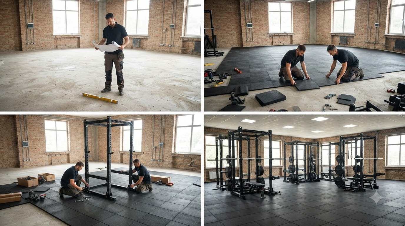 9 sai lầm khi sử dụng hệ thống sàn và giá để phòng gym cần tránh Minh họa sai lầm khi dùng hệ thống sàn và giá để phòng gym với thảm cao su bị lún, xô lệch và hở mối nối
