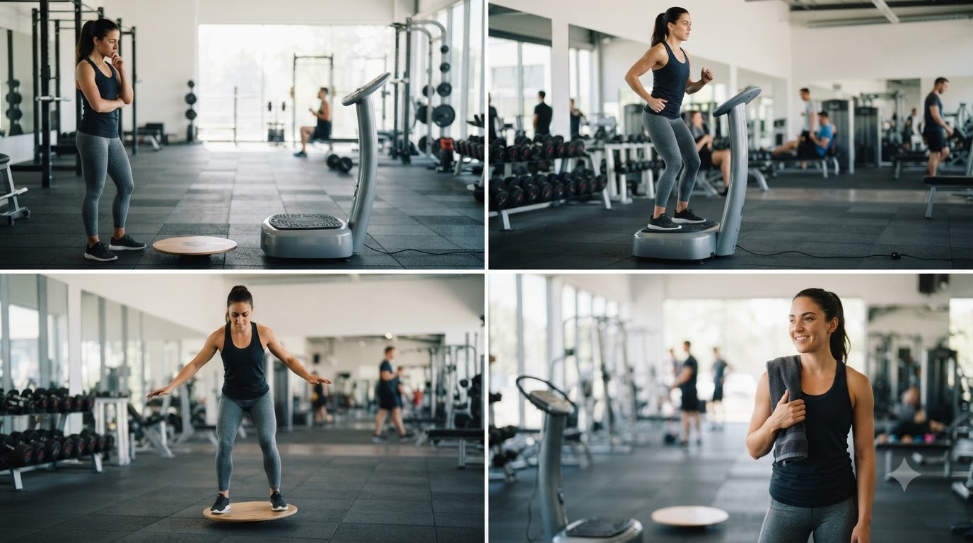 Lựa chọn thiết bị theo khả năng vận động và mục tiêu tập luyện Hai người thực hiện bài tập phù hợp với máy rung toàn thân và ván thăng bằng