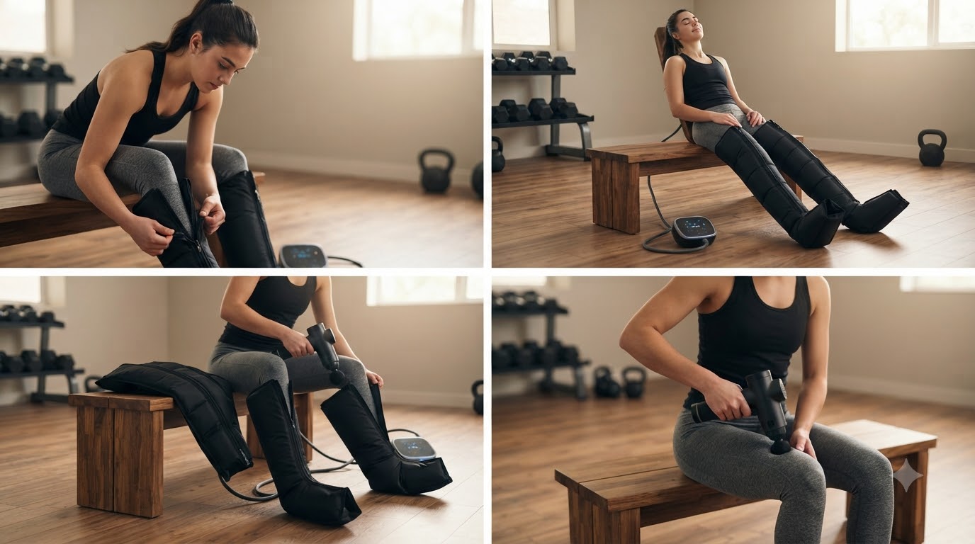Minh họa cơ chế các khoang khí tạo áp lực quanh chân và đầu súng massage tác động lên nhóm cơ