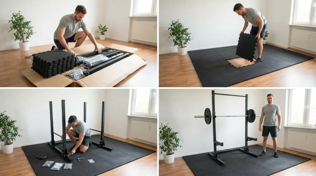 Sàn và giá để phòng gym giá rẻ đáng mua cho gia đình 1 Góc tập thể hình gia đình hoàn chỉnh với thảm cao su và giá để tạ đa năng