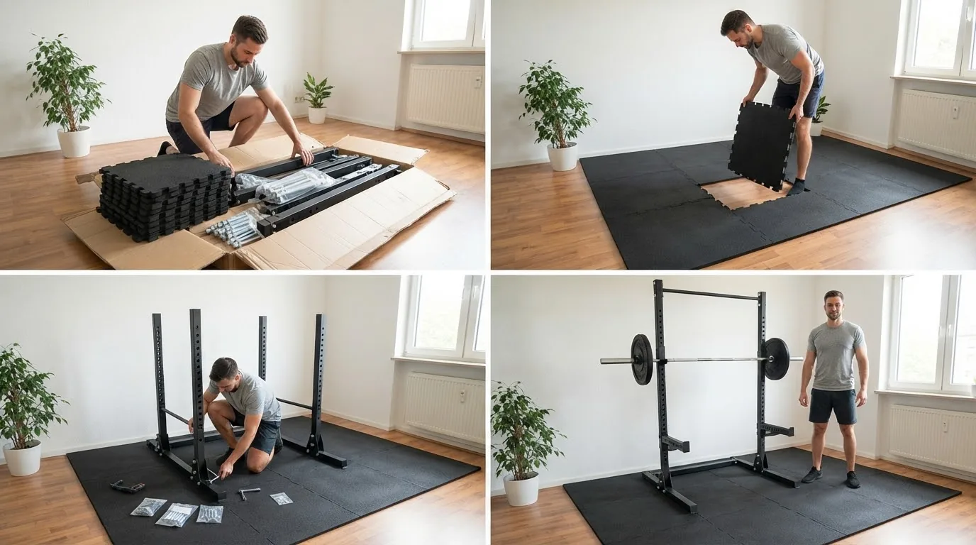Bộ combo sàn thảm và kệ tạ phân khúc phổ thông cho gia đình Góc tập thể hình gia đình hoàn chỉnh với thảm cao su và giá để tạ đa năng