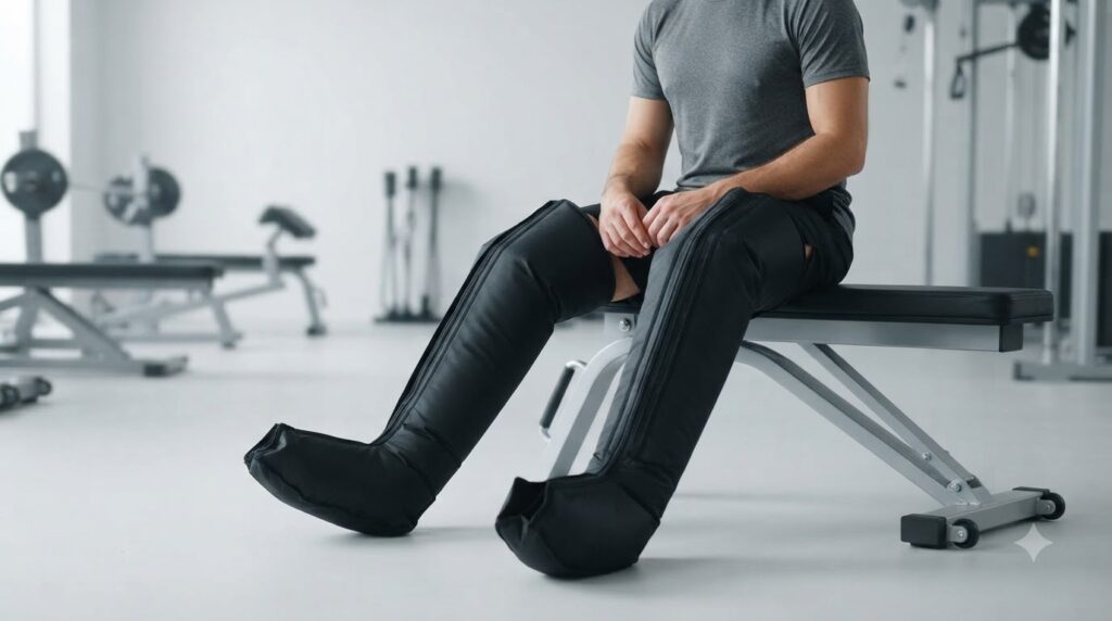 Minh họa lưu ý an toàn khi sử dụng ủng nén khí và súng massage với biểu tượng cảnh báo bên cạnh thiết bị