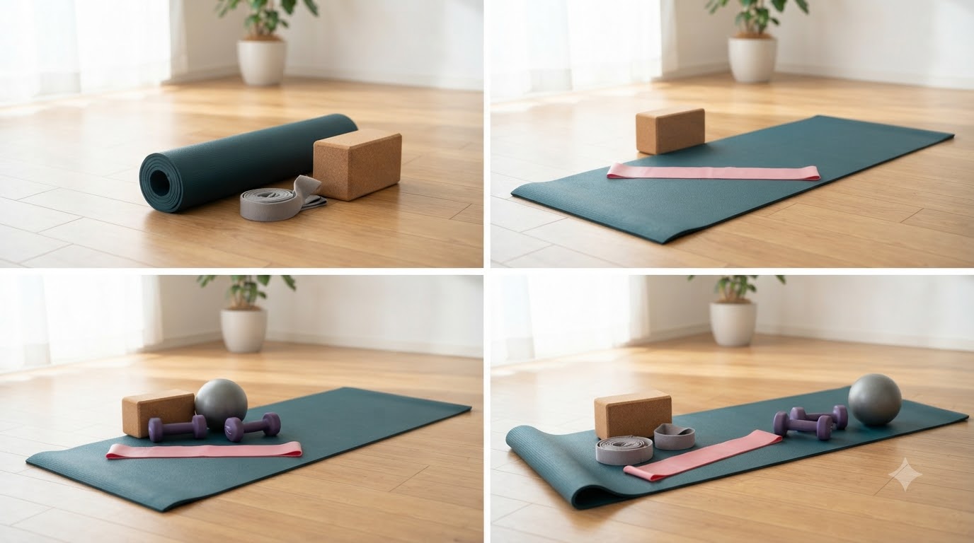 Gạch yoga, dây hỗ trợ kéo giãn, vòng Pilates và bóng tập mini được sắp xếp để phân biệt công dụng từng phụ kiện