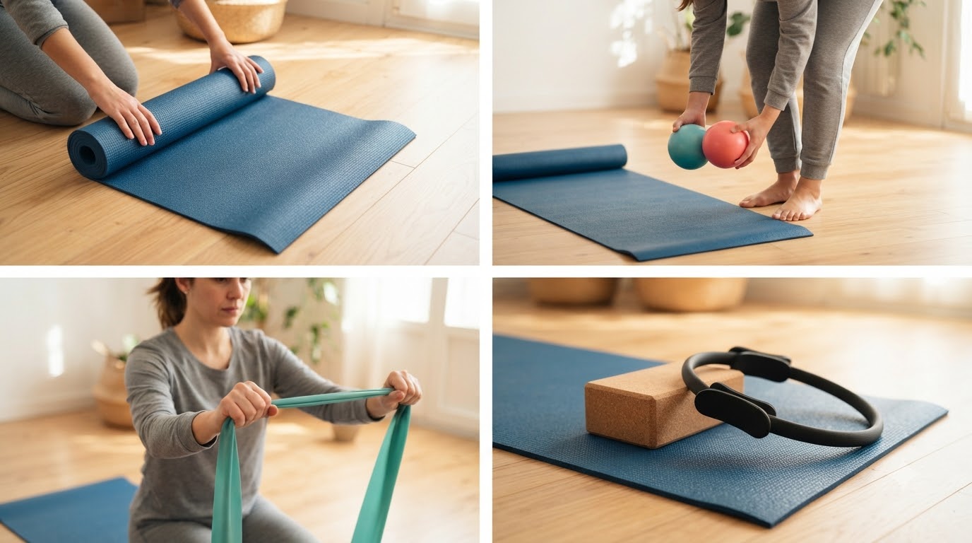 Cận cảnh bề mặt và độ dày của thảm tập yoga và thảm Pilates để so sánh khả năng chống trượt và nâng đỡ