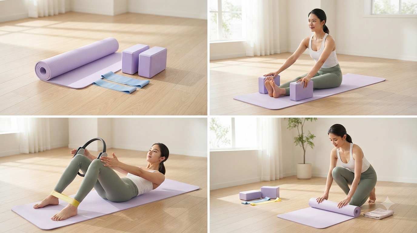 Bộ dụng cụ yoga và pilates cho người mới tập gồm thảm chống trượt, gạch yoga, dây hỗ trợ và vòng Pilates