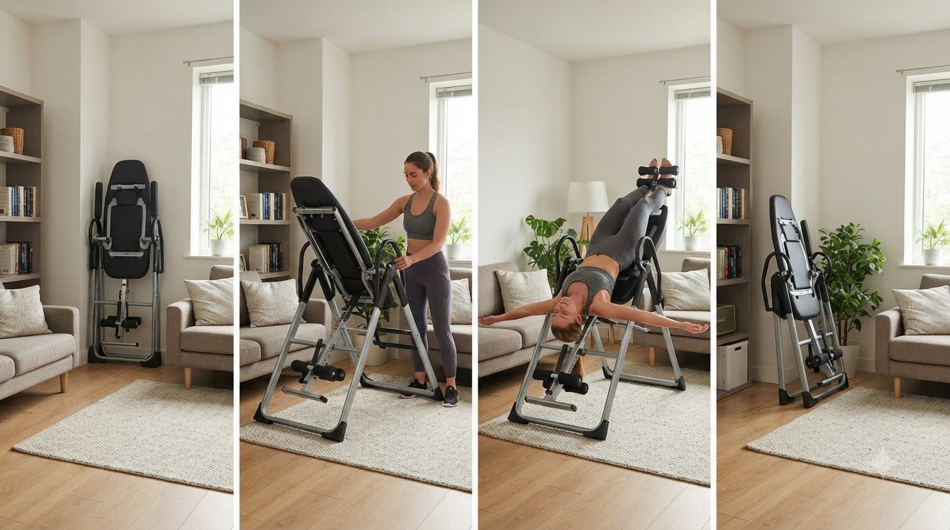 Infographic cảnh báo các rủi ro khi sử dụng bàn đảo ngược gồm thiếu khoảng trống, mất ổn định, thao tác khóa cổ chân và vấn đ