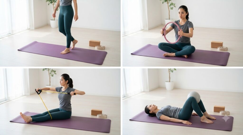 Minh họa những lựa chọn dụng cụ tập chưa phù hợp như thảm dễ trượt, thảm quá lún và mua quá nhiều phụ kiện không cần thiết