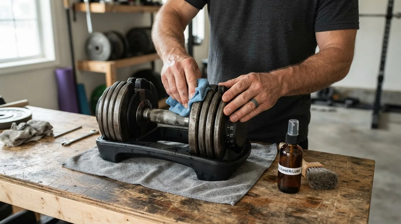 Lau sạch mồ hôi trên tay cầm tạ điều chỉnh bằng khăn vi sợi
