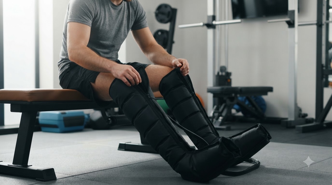 Bộ ủng nén khí cùng bộ điều khiển đặt cạnh súng massage cầm tay để so sánh kích thước và khả năng mang theo