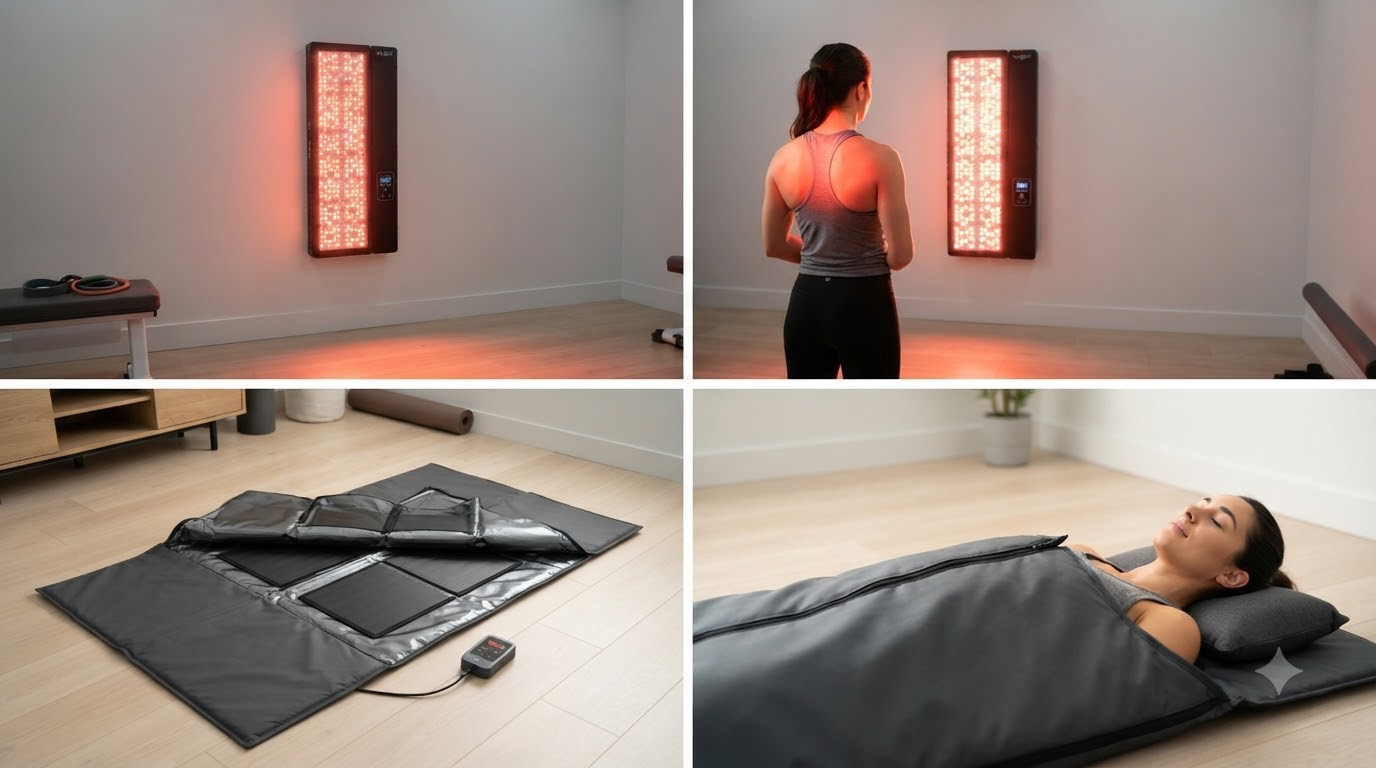 Minh họa sử dụng đèn ánh sáng đỏ để chăm sóc vùng da và chăn sauna hồng ngoại để thư giãn bằng nhiệt