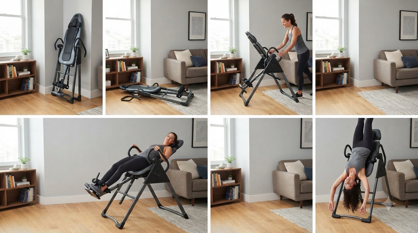 Sơ đồ các tiêu chí lựa chọn bàn đảo ngược gồm kích thước vận hành, khả năng gấp gọn, trọng lượng, tải trọng và khóa cổ chân