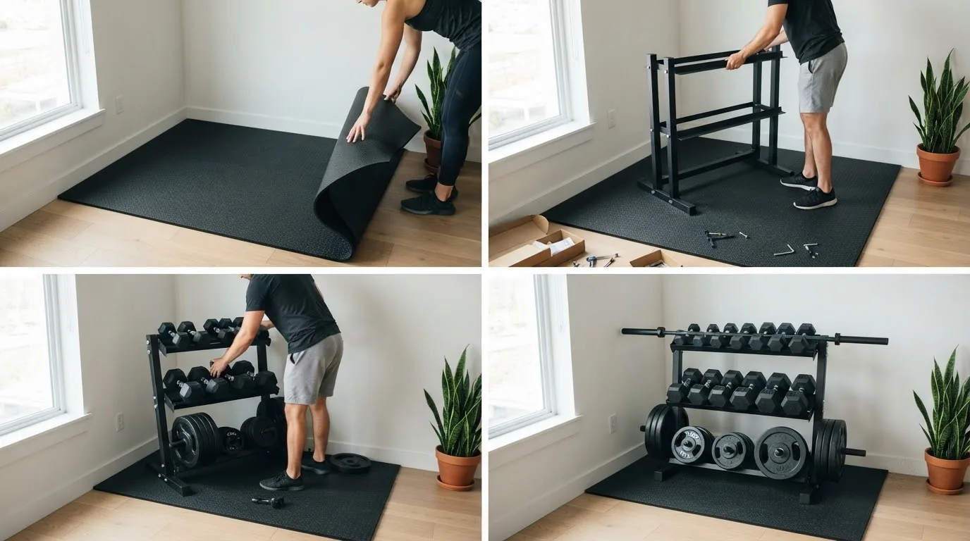 Tiêu chuẩn chọn sàn đệm và kệ đỡ tạ gia đình tiết kiệm chi phí Bộ sàn và giá để phòng gym giá rẻ lót đệm bảo vệ nền gạch phòng khách